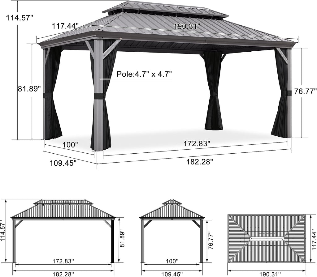 PURPLE LEAF 10' x 16' Hardtop Aluminum Gazebo with Double Metal Roof Heavy Duty Permanent Gazebo for Patio Deck Lawn Garden All Weather Outdoor Pavilion Gazebos, Light Grey