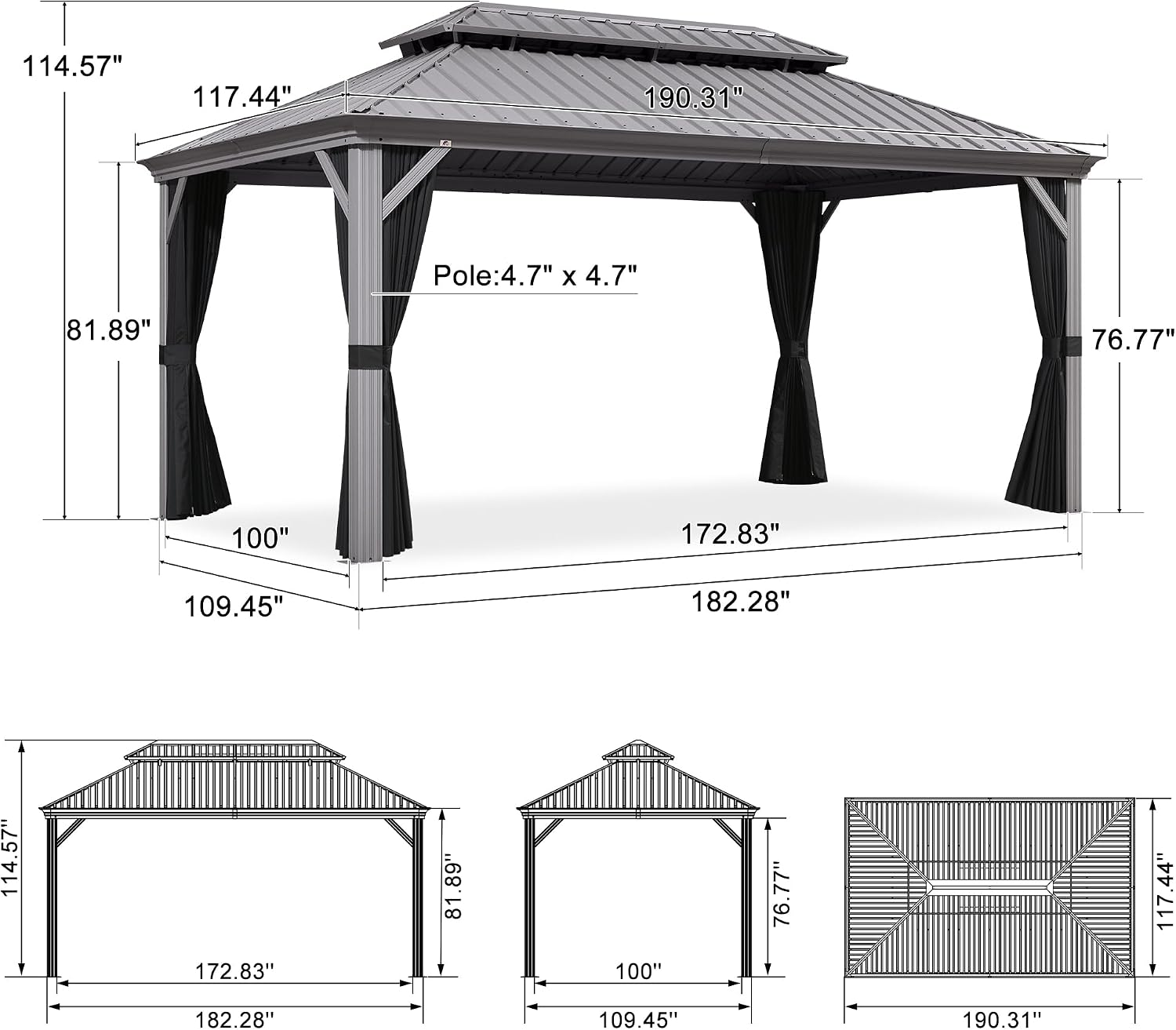 PURPLE LEAF 10' x 16' Hardtop Aluminum Gazebo with Double Metal Roof Heavy Duty Permanent Gazebo for Patio Deck Lawn Garden All Weather Outdoor Pavilion Gazebos, Light Grey