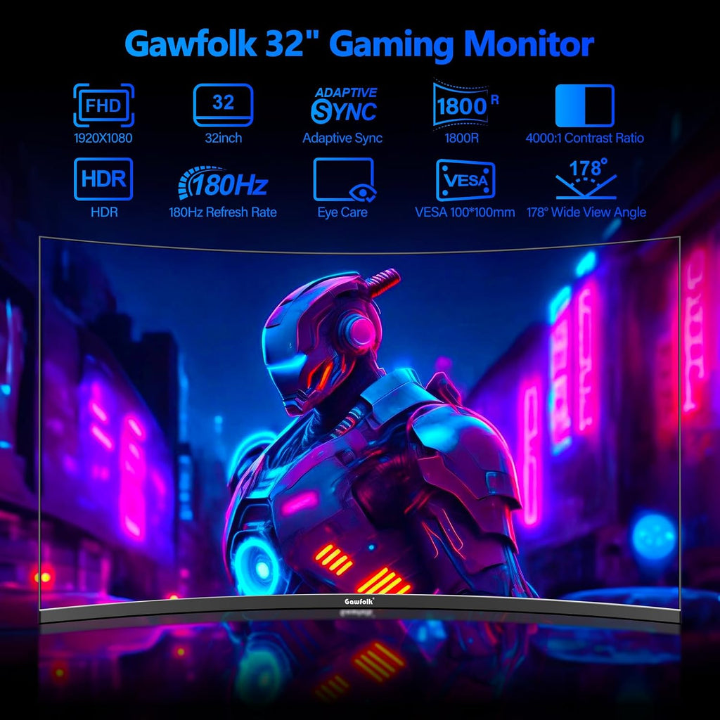 Gawfolk 32 inch Gaming Monitor 1800R Curved Computer Monitors 165HZ / 180HZ PC Monitors VA Screen for Home, Office and Dormitory, FHD 1080P Computer Monitor Support HDMI & DP
