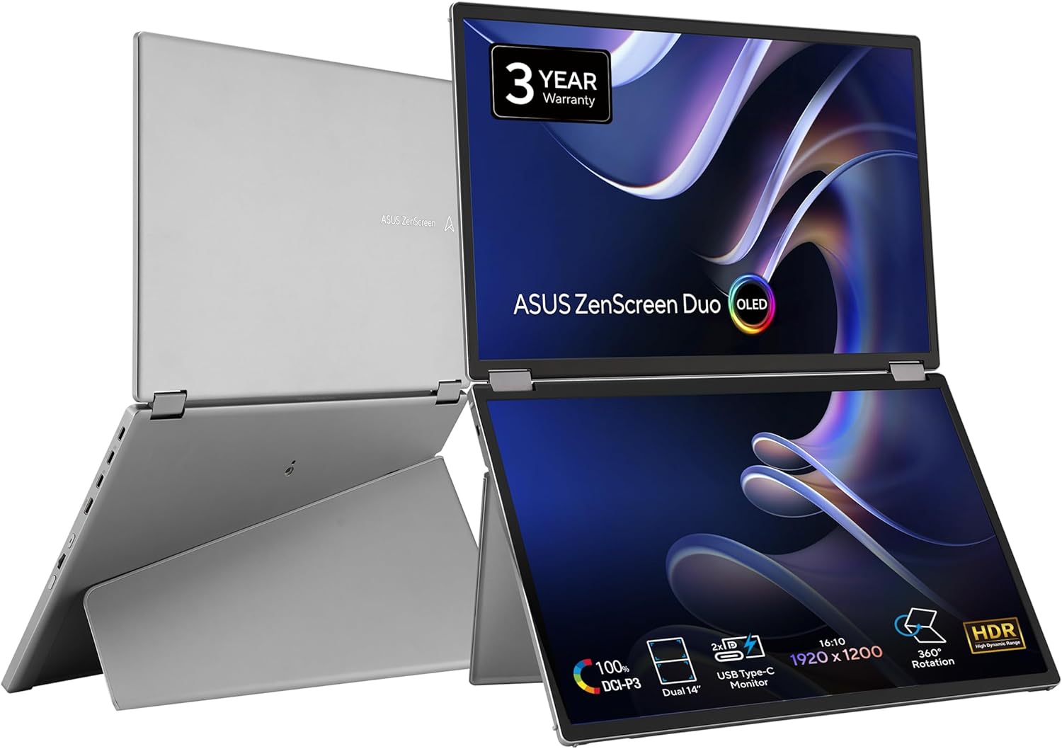 ASUS ZenScreen Duo OLED 360° Foldable Portable Monitor (MQ149CD) - Dual 14-inch, 16:10, 1920x1200, DisplayHDR400 True Black, 100% DCI-P3, Delta<2, Dual USB-C, Mini-HDMI, Kickstand, 3 yr Warranty