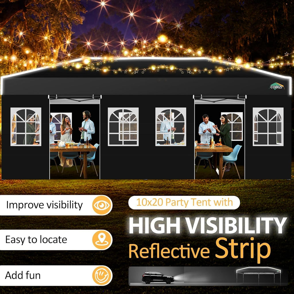 COBIZI 10x20 Pop Up Canopy with 6 Sidewalls One Push Setup Outdoor Event Shelter Waterproof UPF 50+ Gazebo Tent with Carry Bag,Air Vent,Sandbag for Wedding, Commercial, Party,Black