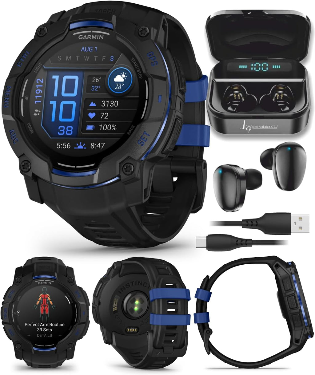 Garmin Instinct 3 Rugged Outdoor GPS Smartwatch - 50 mm AMOLED, Supernova Collection, Limited Edition, Health & Fitness Tracking, Built-in Flashlight, Black/Bolt Blue w/Wearable4U Black EarBuds Bundle