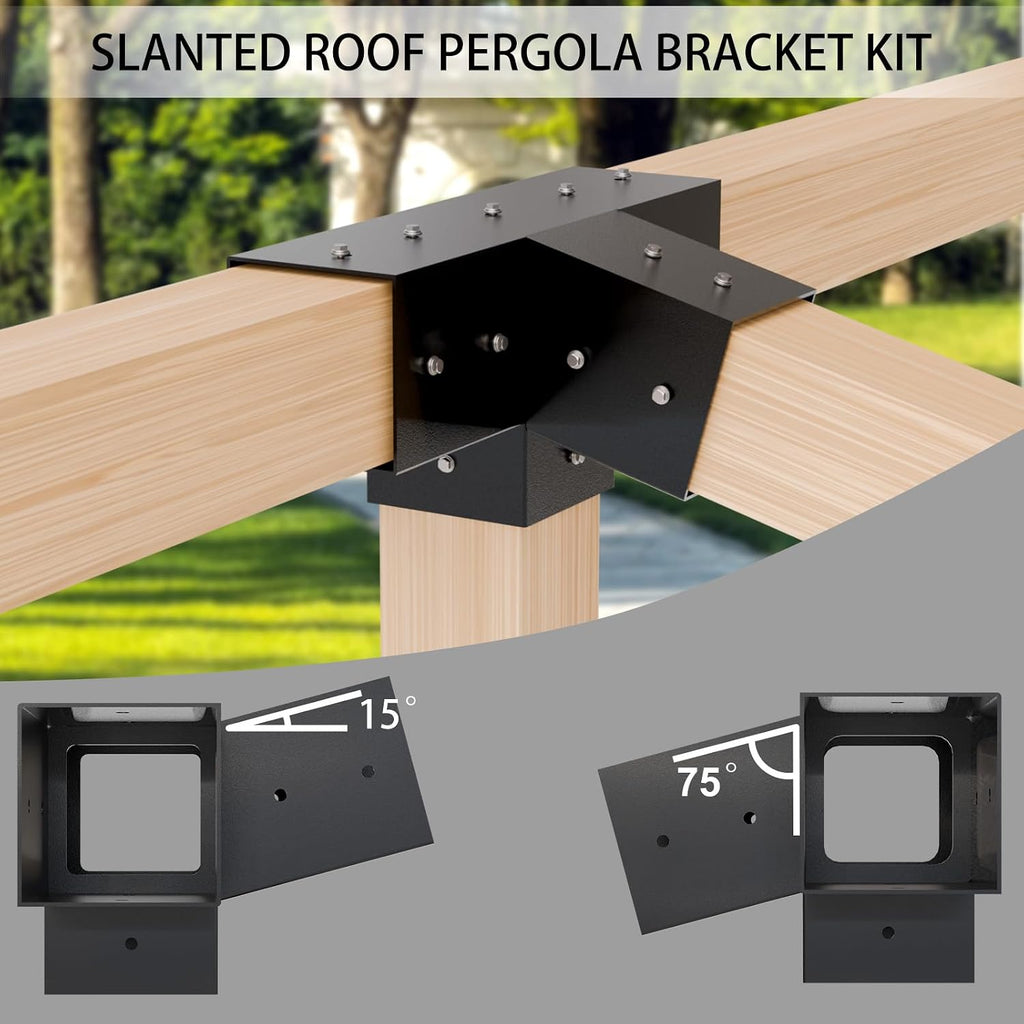 Pergola Kit, Slanted Roof Pergola Bracket, 4-Way Brackets with Post Base Kit, Log Cabin Outdoor 4'x 4' (Actual 3.5' X 3.5') Lumber