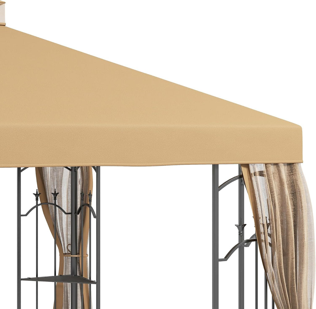 Outsunny 10' x 12' Patio Gazebo with Corner Frame Shelves, Double Roof Outdoor Gazebo Canopy Shelter with Netting for Patio, Wedding, Catering & Events, Brown