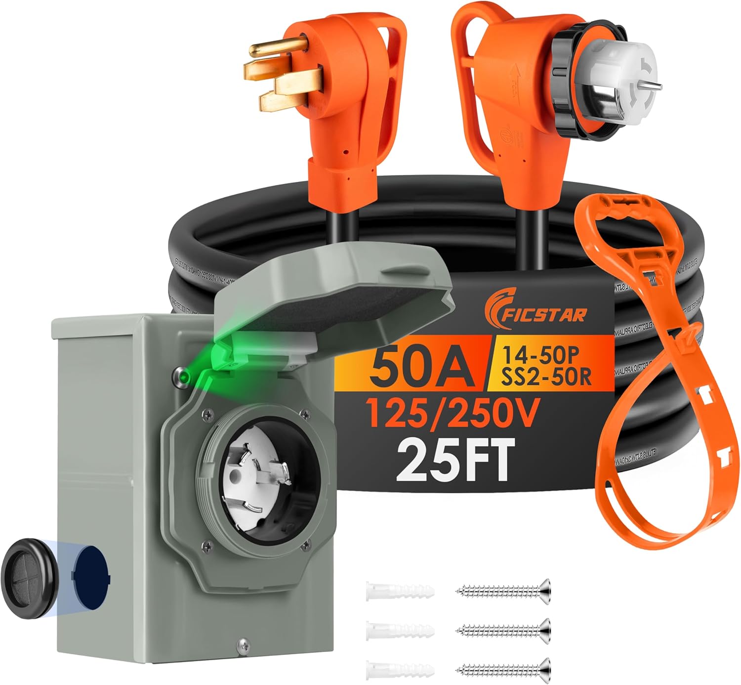 25FT 50 Amp Generator Cord and Power Inlet Box Kit, NEMA 14-50P to SS2-50R Generator Extension Cord, Pre-Drilled 50 Amp Generator Inlet Box with STW Wire, 125/250V, 12500W;UL&ETL Listed