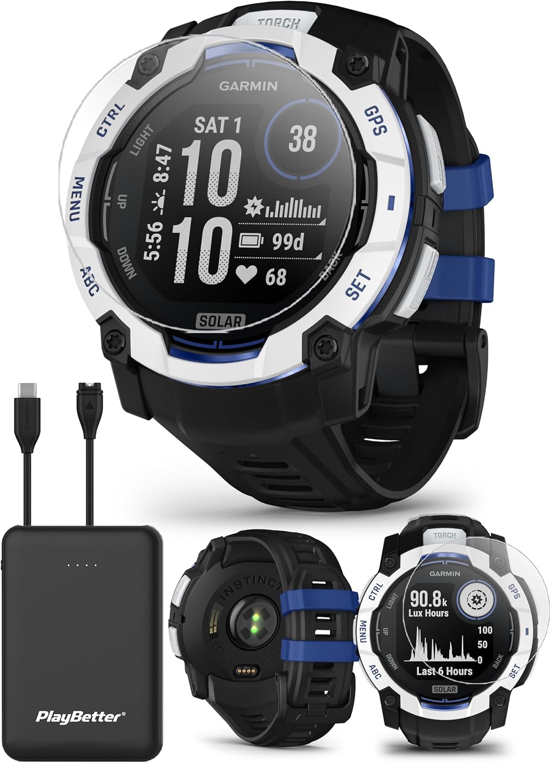 PlayBetter Garmin Instinct 3 Solar (Whitestone/Bolt Blue, 50mm) Rugged Outdoor GPS Smartwatch Bundle - Bolted Construction, Unlimited Battery Life Portable Charger & HD Screen Protectors