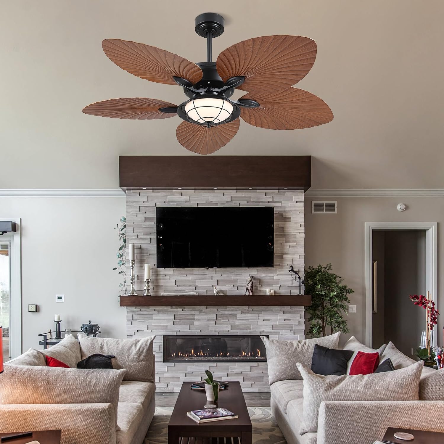 PHORUS 52' Waterproof Outdoor Palm Leaf Ceiling Fans with Lights and Remote,Wet Rated Tropical Ceiling Fans for Patios Porch Gazebo Pergola