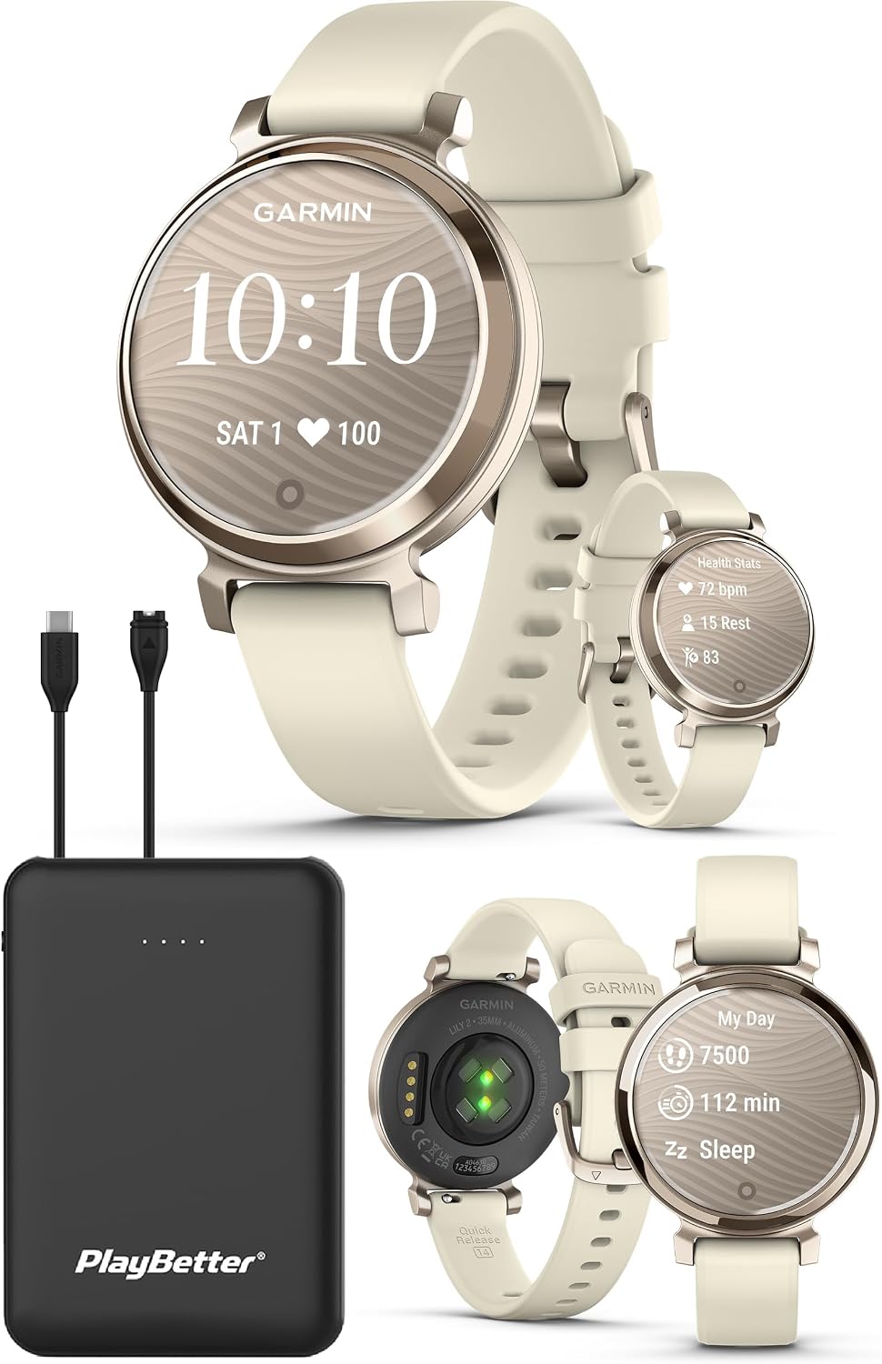 PlayBetter Garmin Lily 2 (Cream Gold/Coconut Silicone) Women's Fitness Smartwatch Bundle - Ladies Watch with Hidden Display, 5-Day Battery & Metal Case - Includes 5000mAh Portable Charger