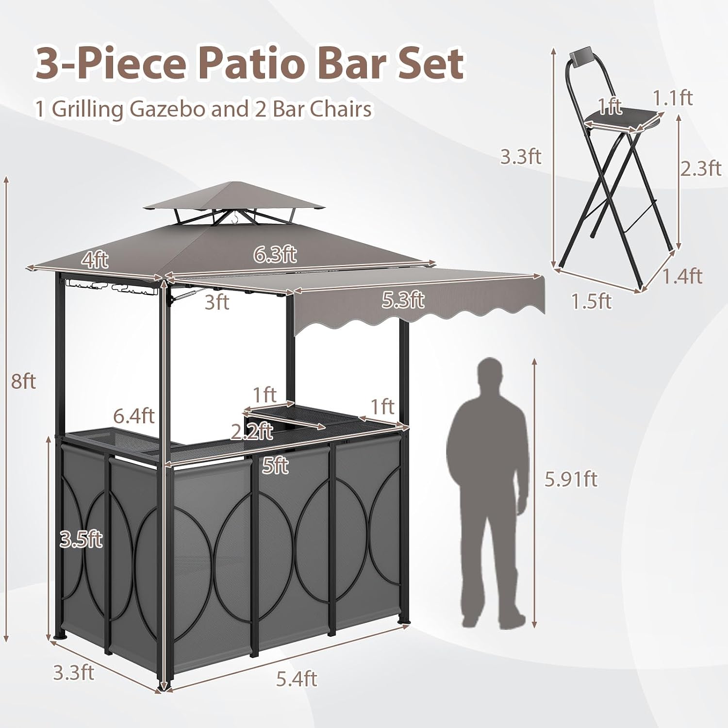 Tangkula 3 Piece Patio Bar Set, Grill Gazebo & 2 Foldable Bar Stools with Awning, Metal Storage Shelves, Glass Holders, Double-Tier Outdoor Shelter for Patio Poolside Garden Backyard (Gray)