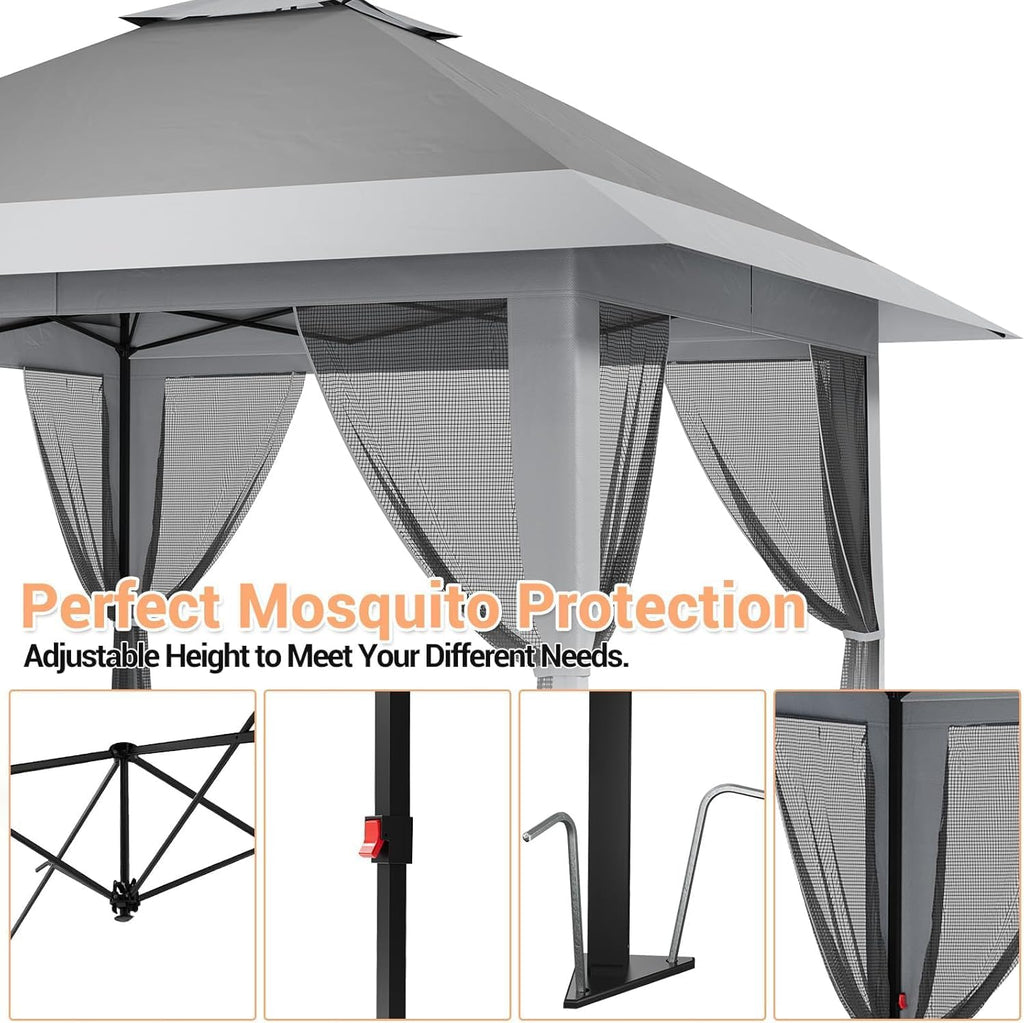 13x13ft Pop Up Gazebo, Outdoor Canopy Tent with Mosquito Netting, Heavy Duty Party Tent Shelter with Waterproof and Ultraviolet Double Roof for Backyard, Garden, Lawn and Deck (Grey)