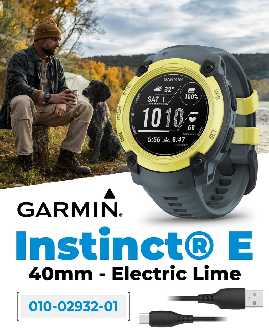 Garmin Instinct E 40 mm, Rugged Outdoor GPS Smartwatch, 24/7 Health Monitoring, Wrist-Based Heart Rate, Up to 14 Days of Battery Life, Electric Lime with Twilight Band Bundle