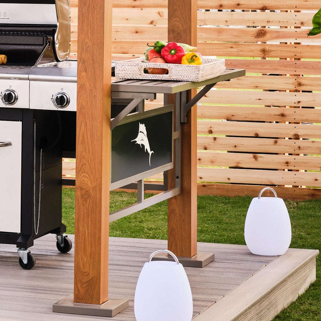 Tommy Bahama Edition BBQ Maui 6' x 8' Outdoor Hardtop Grill Gazebo for Backyard or Patio, Heavy-Duty Galvanized Steel Double Roof Gazebo, Wood Grain Finish