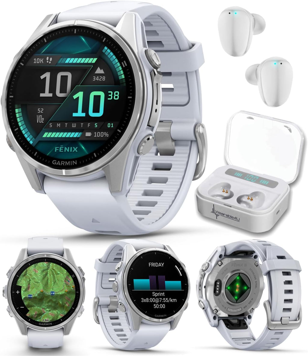 Garmin Fenix 8 – 43 mm, AMOLED Multisport GPS Smartwatch, Silver with Whitestone Silicone Band, Built-in LED Flashlight, Voice Control, Dive-Rated White Earbuds Bundle