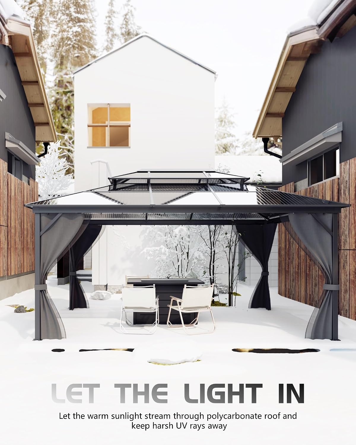 GarveeLife Hardtop Gazebo 12 ft x16 ft for All Weather, Double Polycarbonate Sheets Roof, Aluminum Alloy Frame, Net, and Curtain, Permanent Building for Patio, Deck, Backyard, Lawn, and Garden, Gray