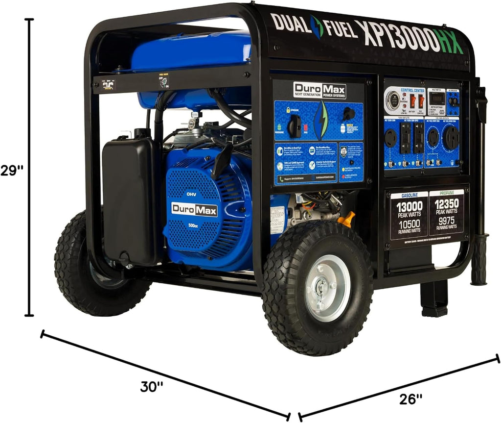 DuroMax XP13000HX 13,000-Watt Dual Fuel Portable Generator - Gas & Propane, Electric Start, Whole Home Power Backup, Transfer Switch Ready, RV & Emergency Ready