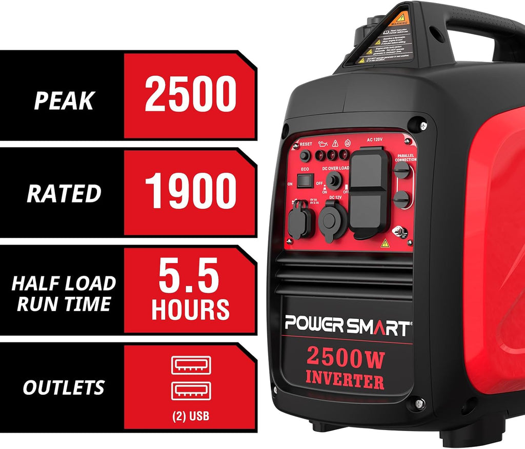PowerSmart 2500 Watt Portable Inverter Generator, 79.8cc Gas Powered Engine with 5.5H Long Runtime, Ultra Quiet Small Generator for Camping, RV, Home Power Outage and Outdoor Emergency