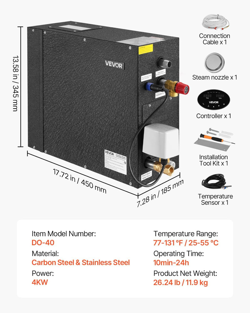 VEVOR Steam Generator, 4 kW Steam Shower System with Controller for Home Sauna & Spa, Commercial Auto Drain Kit with Overheat, Dry-Run & Overpressure Protection, 10min to 24h Timer, Black