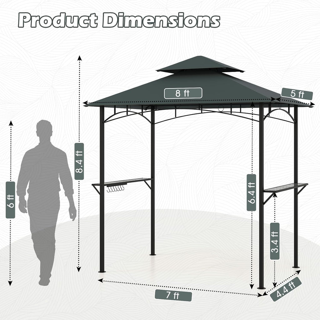 Tangkula 8x5 Ft Grill Gazebo, 2-Tier Barbecue Gazebo with 2 Shelves, 7 Hooks, Metal Frame, Outdoor Grill Canopy for Backyard Garden Poolside (Grey)