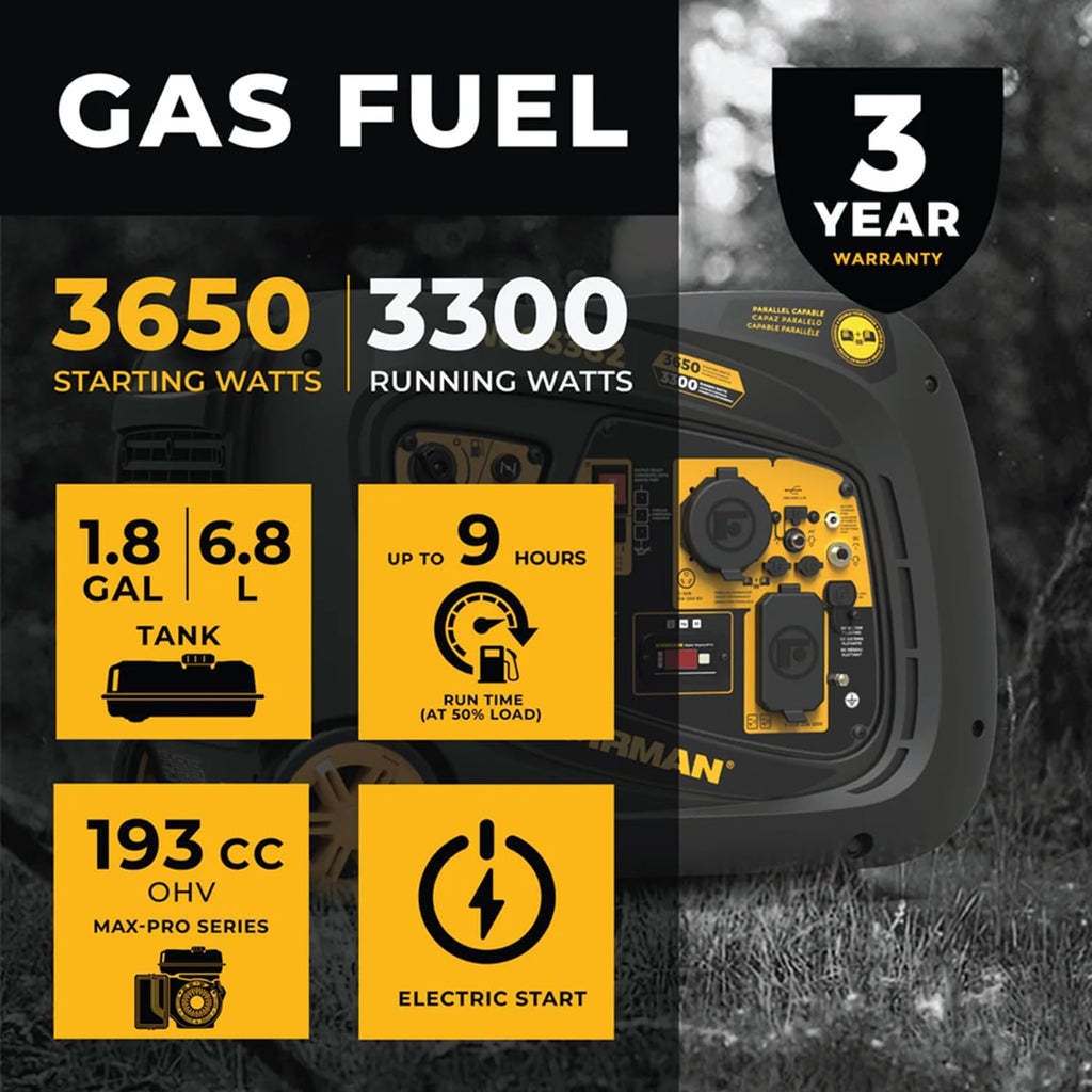 FIRMAN W03383 Inverter Portable Generator, 3650W Remote Start Gas Power, 3300W Running Watts, Quiet Whisper Series Muffler, RV Ready 120V, Compact Fuel-Efficient Power for Camping and Outdoor Use