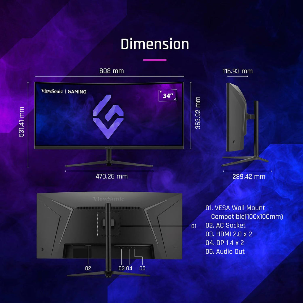 ViewSonic VX3418C-2K 34 Inch 1440p Ultrawide Curved Gaming Monitor, 180Hz and 1ms for Fast Gameplay, FreeSync Premium and HDR10 for Smooth Visuals, Full Ergonomic Adjustability, HDMI, and DisplayPort