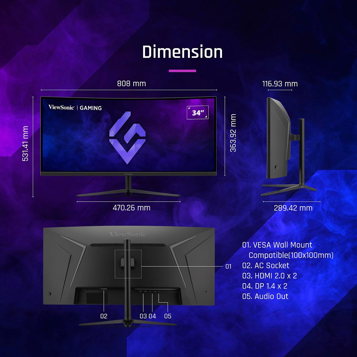 ViewSonic VX3418C-2K 34 Inch 1440p Ultrawide Curved Gaming Monitor, 180Hz and 1ms for Fast Gameplay, FreeSync Premium and HDR10 for Smooth Visuals, Full Ergonomic Adjustability, HDMI, and DisplayPort