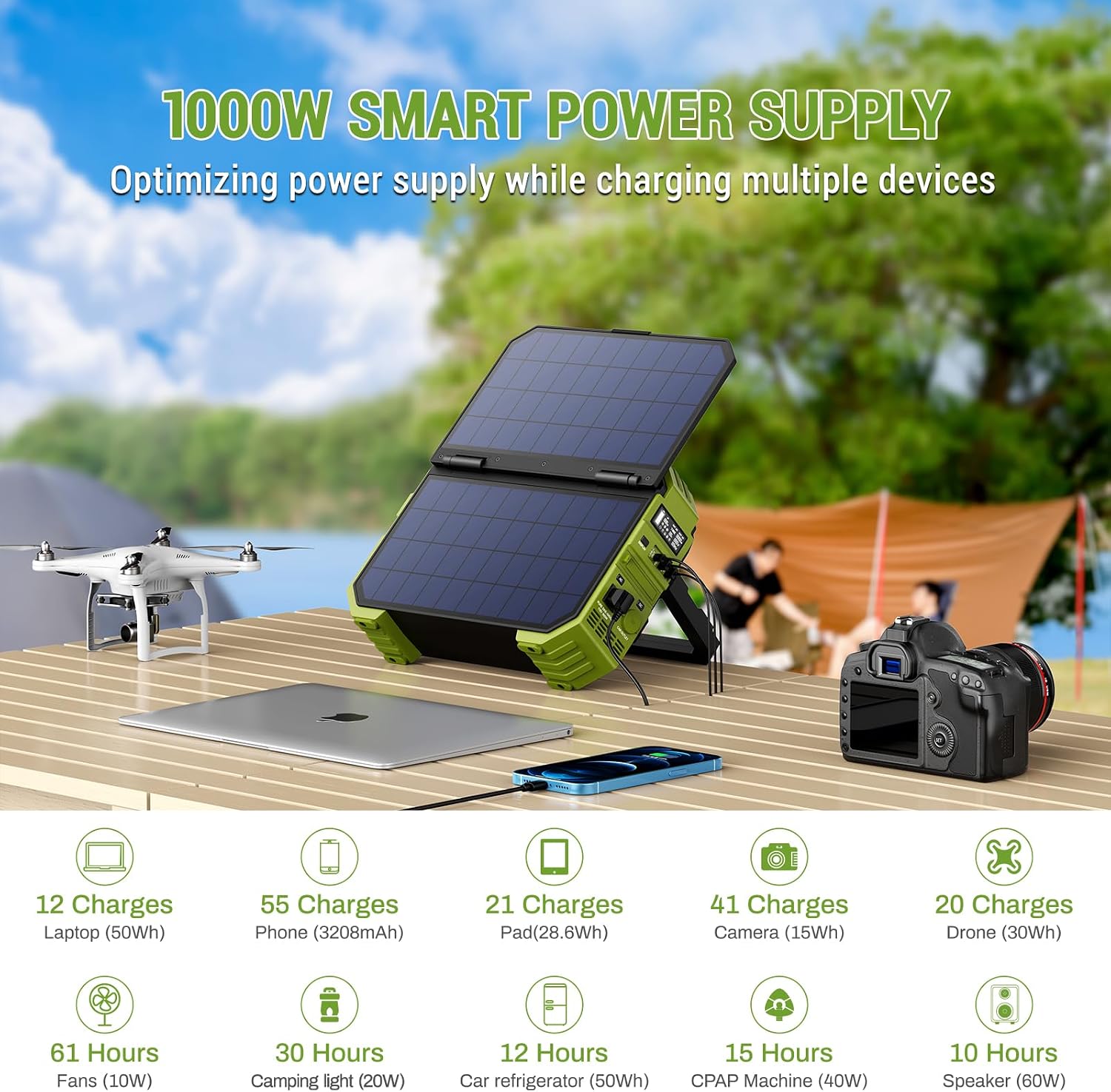 BROWEY Portable Power Station, 1000W (Peak 2000W) Solar Generator with Built-in Solar Panel, 614WH LiFePO4 Battery Pack, AC/DC/USB/PD Outputs, for Outdoor Camping, RV Travel, Emergency Preparedness