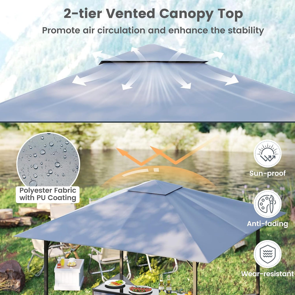 Tangkula 3 Piece Patio Bar Set, 8x8 FT Double-Tier Grill Gazebo with 2 Bar Stools, Tempered Glass Top, Metal Storage Shelf, Glass Holders, Outdoor Shelter for BBQ Party Poolside Garden (Grey)