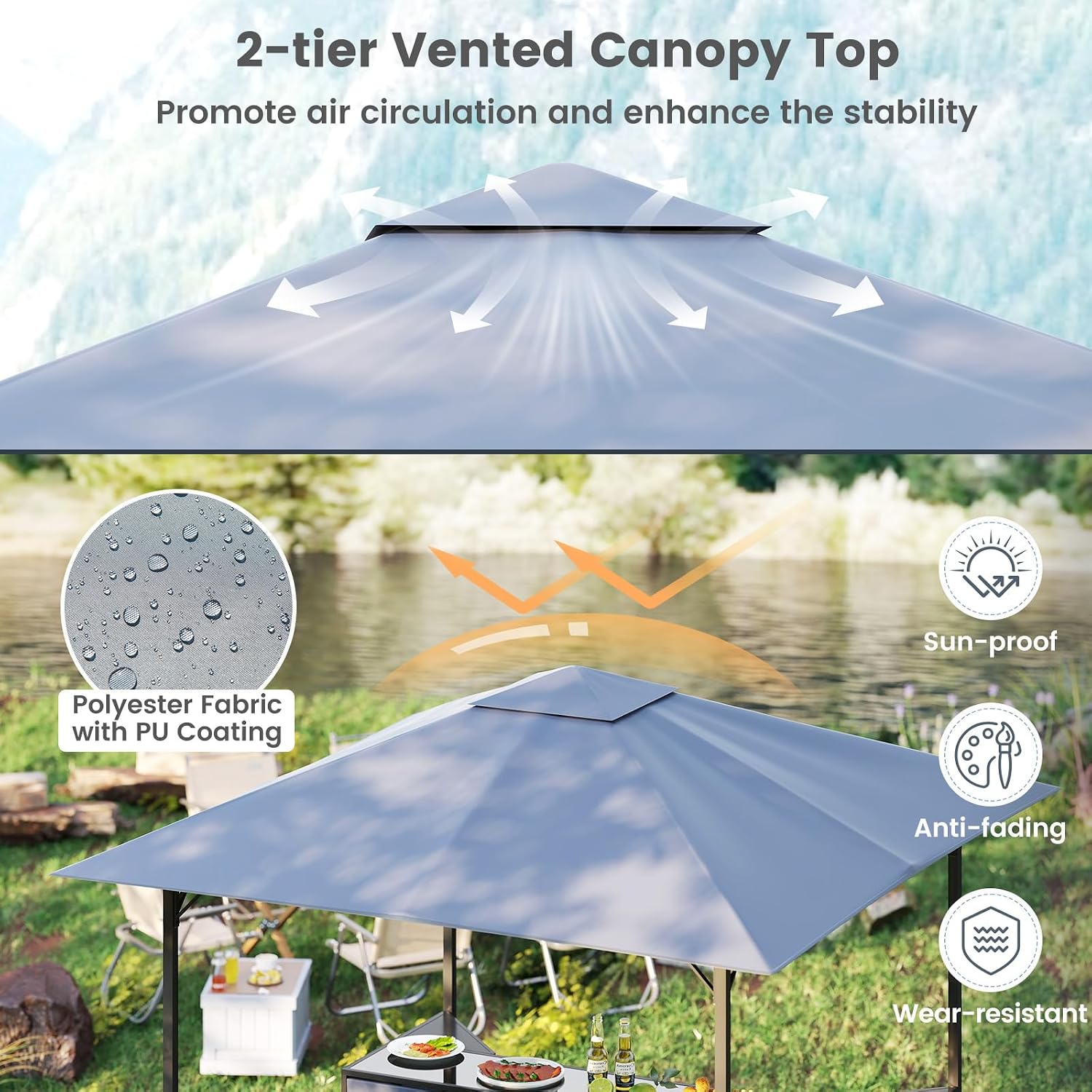 Tangkula 3 Piece Patio Bar Set, 8x8 FT Double-Tier Grill Gazebo with 2 Bar Stools, Tempered Glass Top, Metal Storage Shelf, Glass Holders, Outdoor Shelter for BBQ Party Poolside Garden (Grey)