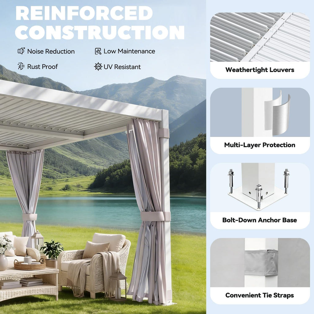 MELLCOM Louvered Pergola 10x20, Steel Aluminum Pergola with Adjustable Louvered Roofs, Outdoor Gazebo with Waterproof Curtains and Nets, White