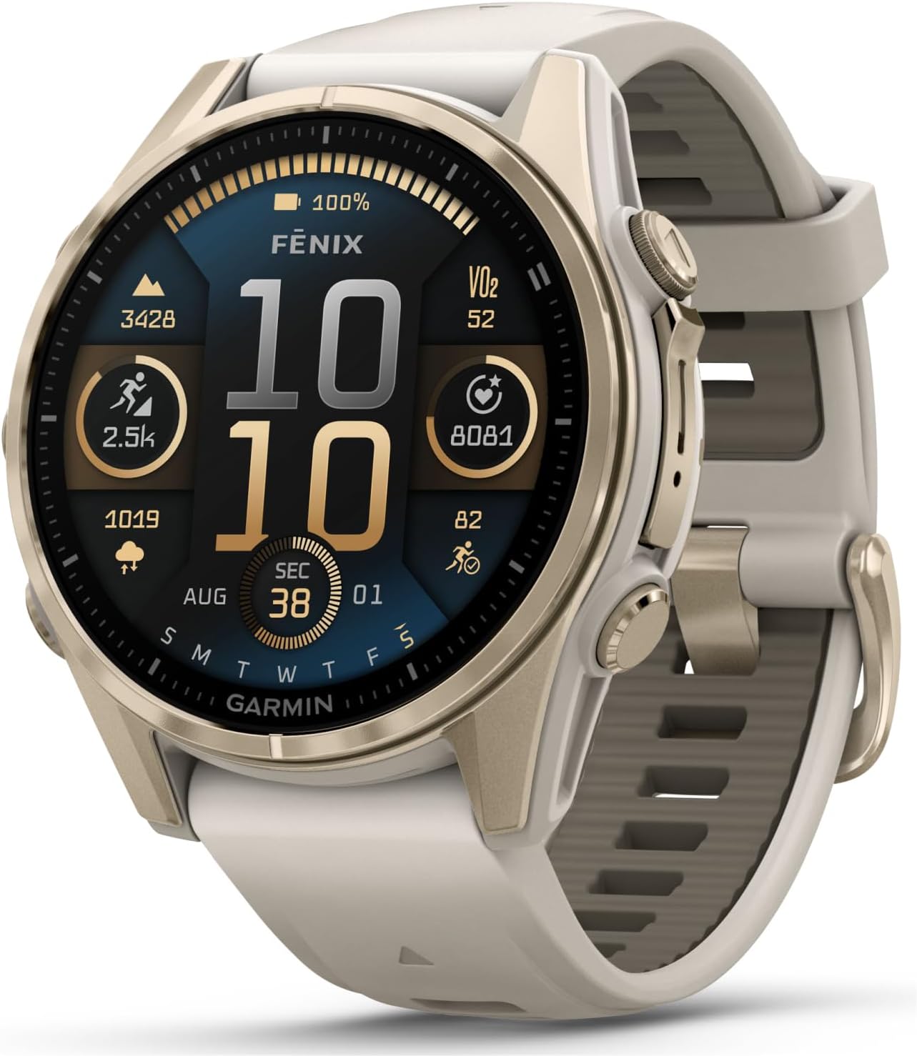 Garmin Fenix 8 – 43 mm Sapphire, AMOLED Multisport GPS Smartwatch, Soft Gold with Fog Gray/Dark Sandstone Silicone Band, Built-in LED Flashlight, Voice Control Black Earbuds Bundle