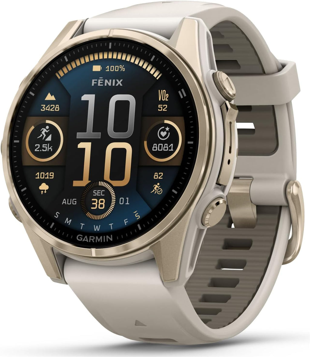 Garmin Fenix 8 – 43 mm Sapphire, AMOLED Multisport GPS Smartwatch, Soft Gold with Fog Gray/Dark Sandstone Silicone Band, Built-in LED Flashlight White Earbuds Bundle