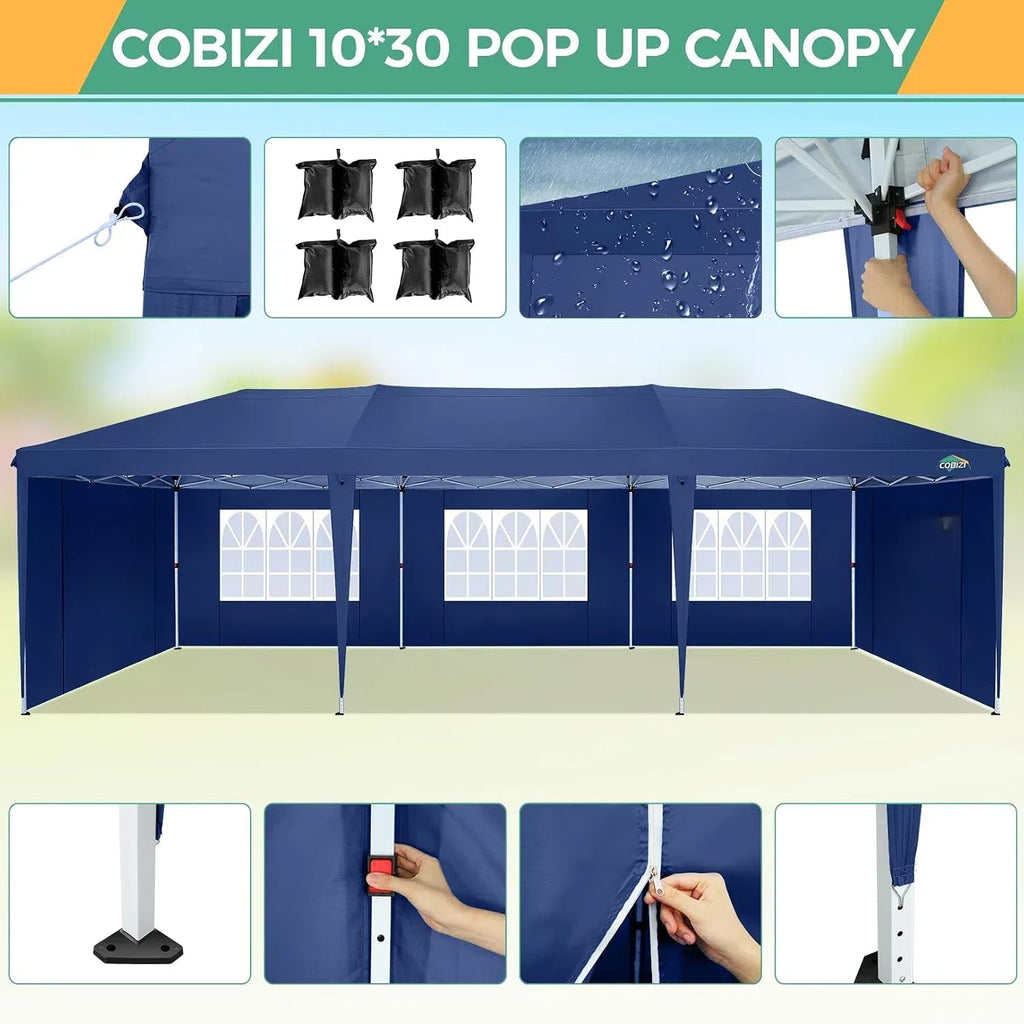 COBIZI 10x30 Pop Up Canopy Tent with 5 Sidewalls Party Tents for Parties Weddings Backyard Waterproof Commercial Instant Outdoor Events Tent with Stakes, Ropes,Sandbags（10 x 30 ft Navy Blue