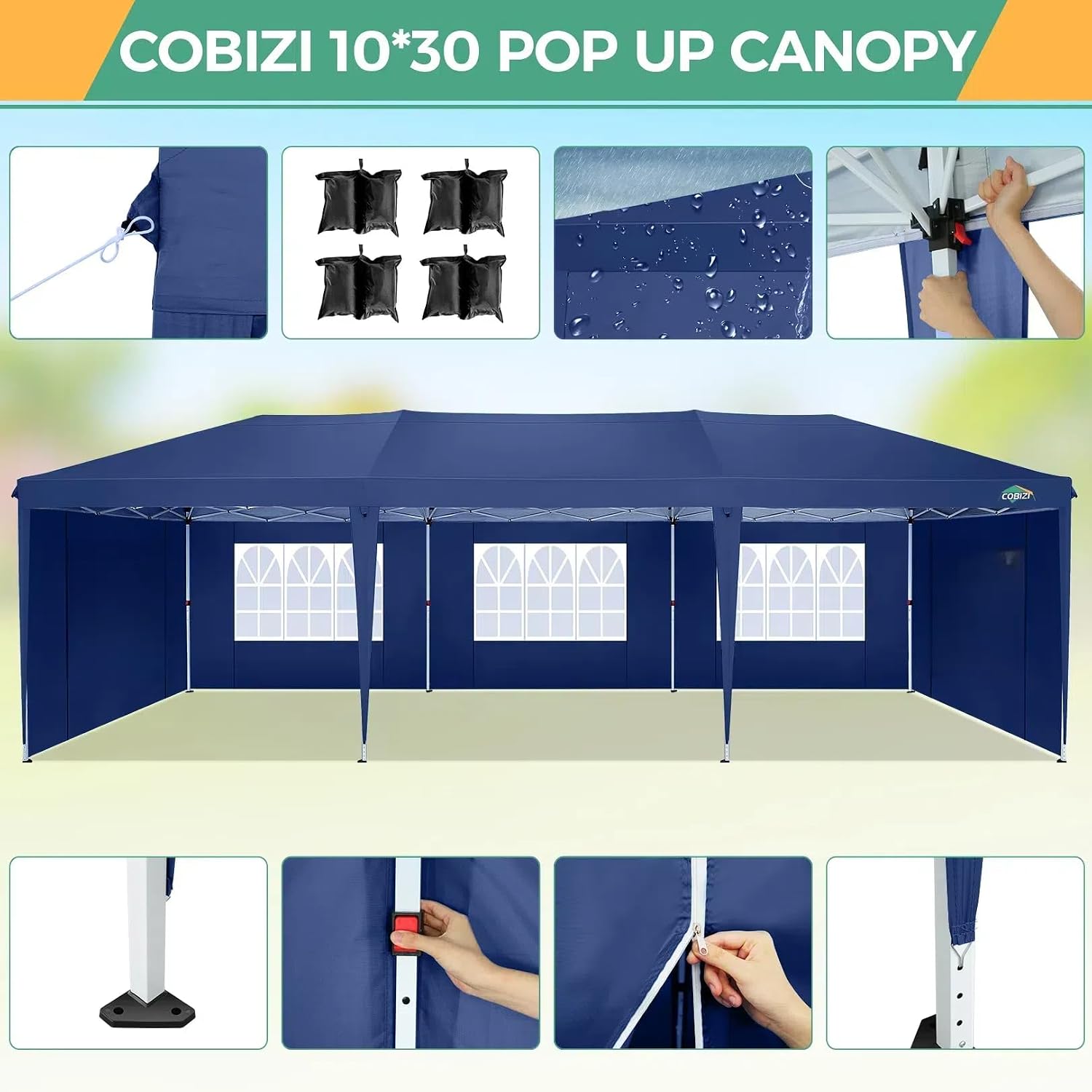 COBIZI 10x30 Pop Up Canopy Tent with 5 Sidewalls Party Tents for Parties Weddings Backyard Waterproof Commercial Instant Outdoor Events Tent with Stakes, Ropes,Sandbags（10 x 30 ft Navy Blue