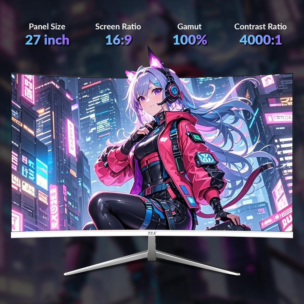 ZZA 27 inch White Gaming Monitor,240-300Hz Curved Monitor,Full HD 1080P Computer Monitor,Eye-Care Display with HDMI,DP,FreeSync,Wall Mountable for Office and Home