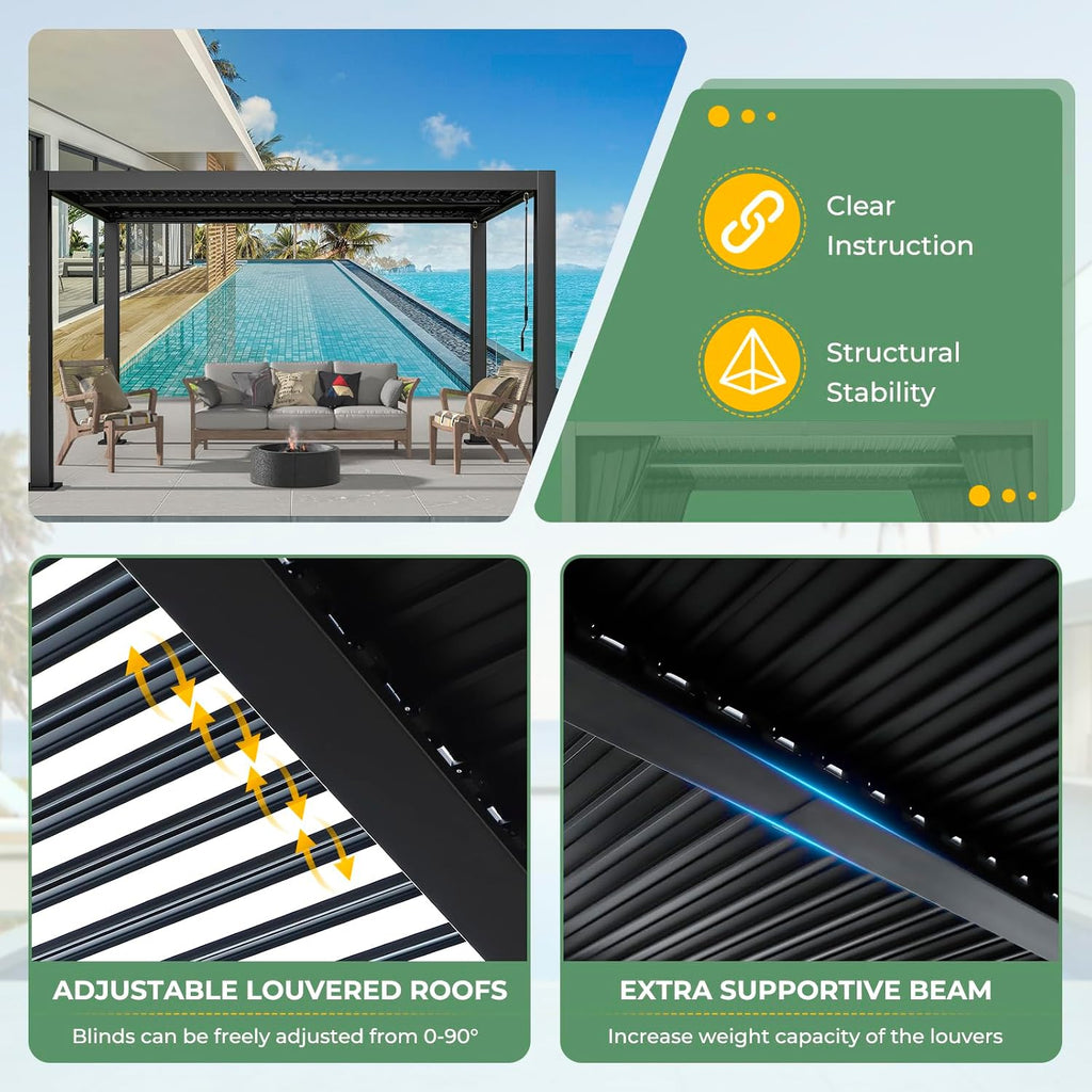 LVUYOYO 10' x 13' Outdoor Louvered Pergola, Metal Aluminum Pergola with Adjustable Roof, Waterproof Gazebo with for Patio, Backyard, Garden, Deck (Black)