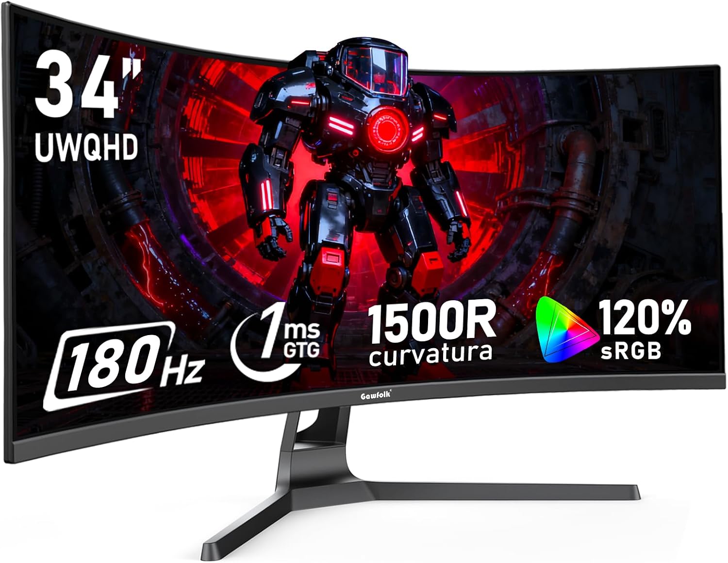 Gawfolk 34 Inch Ultrawide Curved 180Hz Gaming Computer Monitor,1500R PC Screen 21:9 UWQHD (3440x1440),120% sRGB,Adaptive Sync,178° Viewing Angle,Display Port、HDMI,Compatible with Wall mounting -Black