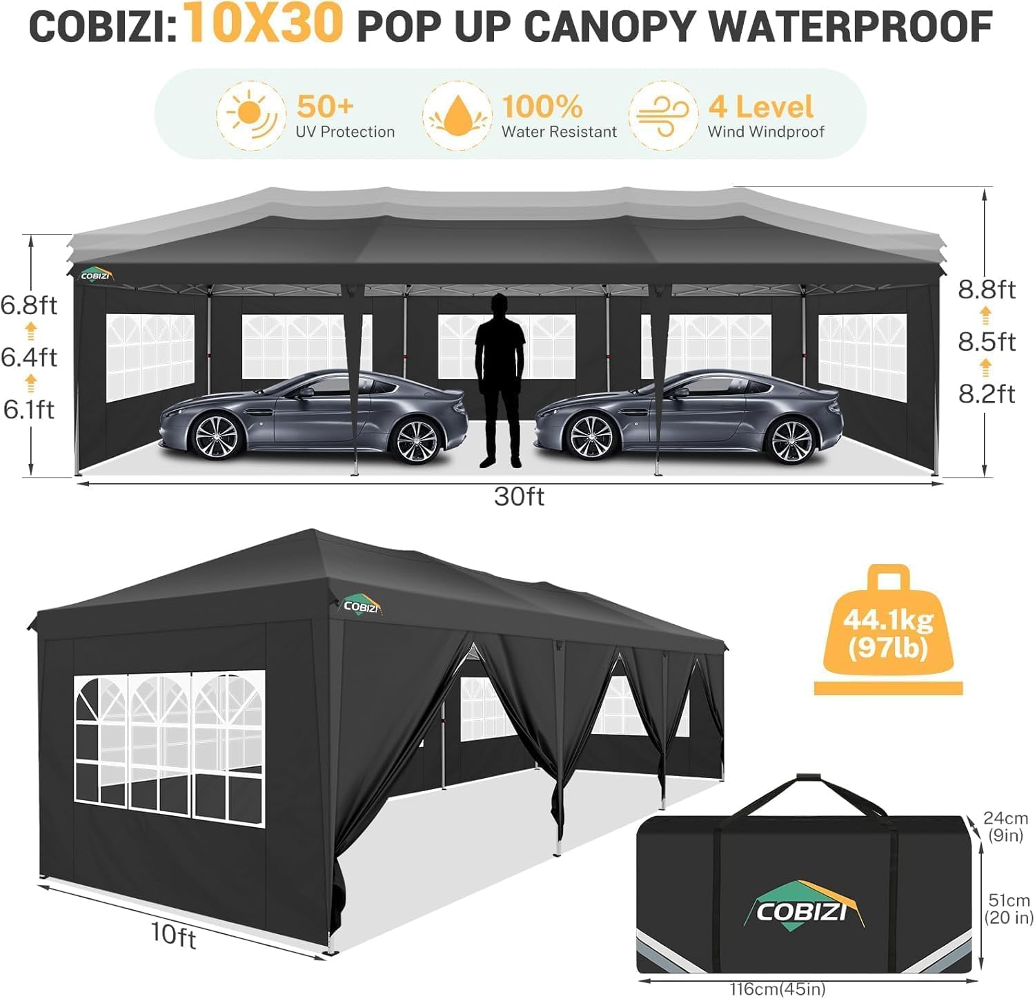 COBIZI 10x30 Pop Up Canopy Tent with 8 Sidewalls Party Tents for Parties Weddings Backyard Waterproof Commercial Instant Outdoor Events Tent with Stakes, Ropes,Sandbags（10 x 30 ft Black