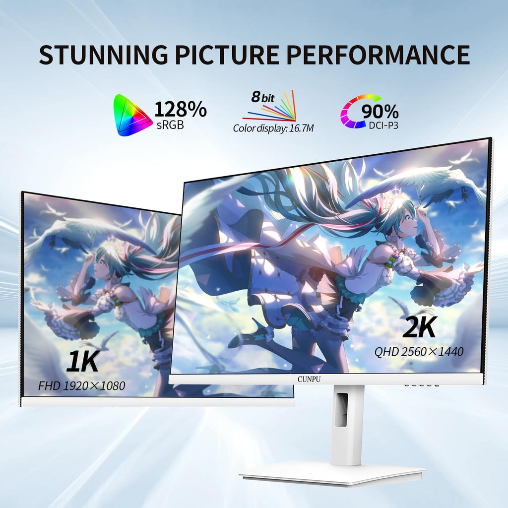 CUNPU 27 Inch White 180/200Hz Gaming Monitor, QHD 2560x1440 Fast IPS PC Monitor, Adaptive Sync, 100% sRGB, HDR10, Built-in Speaker, Height/Swivel/Tilt/Rotating Adjustable Stand, HDMI, Displayport