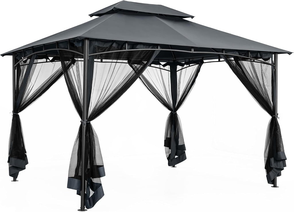 10' X 12' Patio Gazebo with Ventilation Double Roof, Outdoor Gazebo with Removable Mosquito Netting, Easy Up Metal Outdoor Canopy Shelter for Backyard, Garden, Lawn, Grey