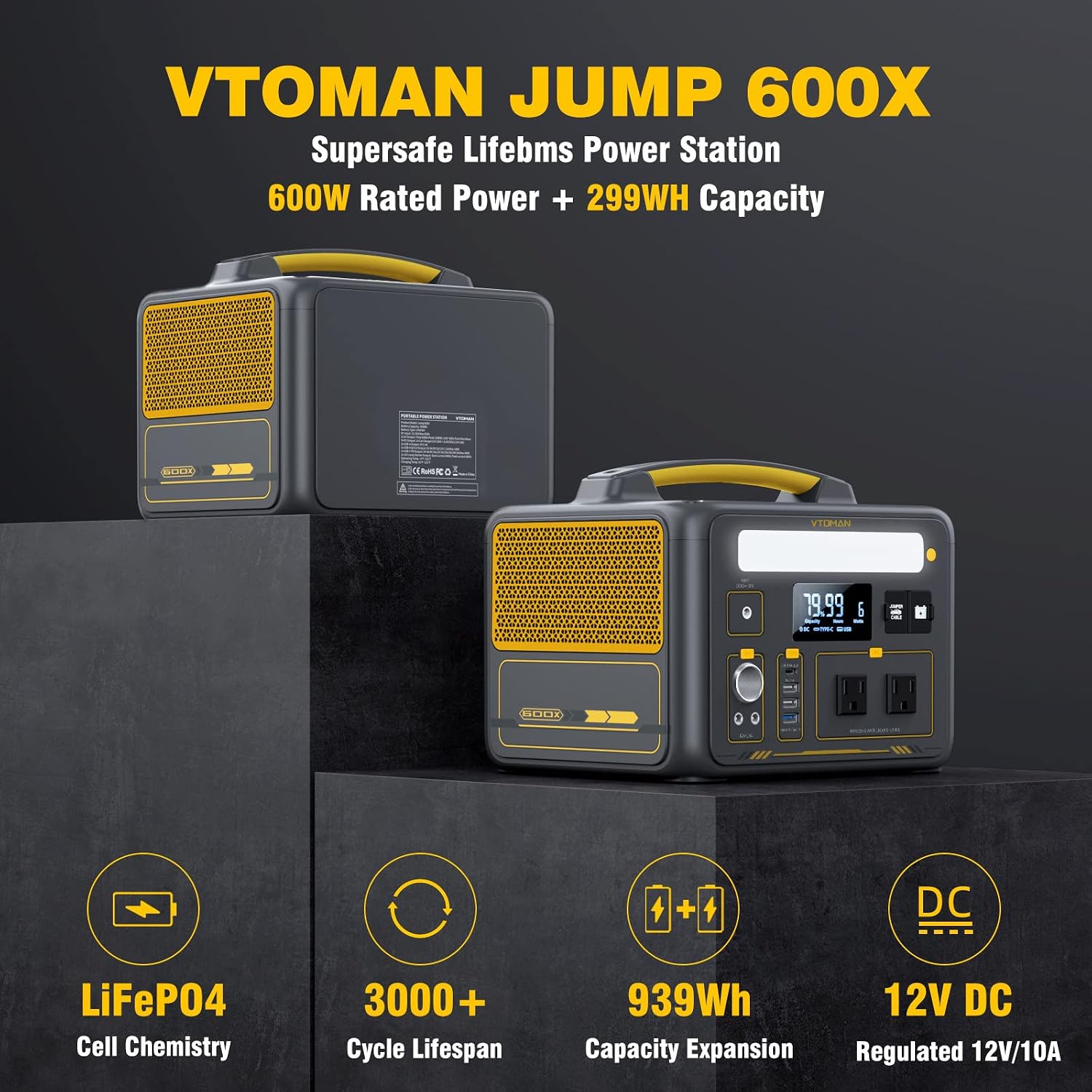 VTOMAN Jump 600X Portable Power Station 600W, 299Wh Solar Generator LiFePO4 Battery Power Station with Jump Start for Car, 1200W AC Outlet, PD 60W USB-C, 3x Regulated 12V/10A DC for Camping, RV Travel