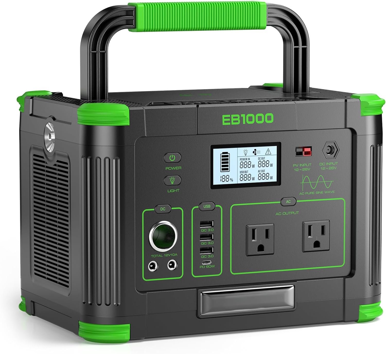 Portable Power Station 1000W (Peak 2000W), 999Wh Solar Generator, 110V Pure Sine Wave AC Outlet with PD 60W USB-C Fast Charging, Outdoor Camping RV Van Home Backup Off-Grid Living