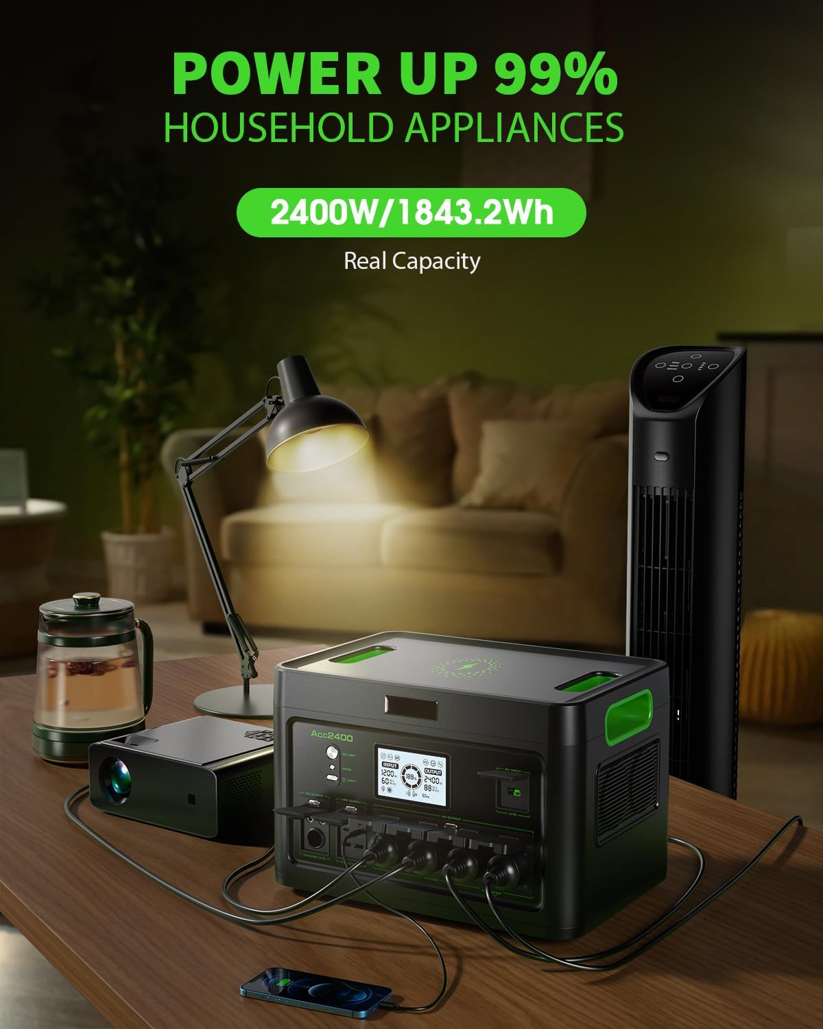 Portable Power Station 2400W Solar Generator, 1843.2Wh UPS Home Battery Backup, LiFePO4 Battery Supply with 12 Outlets(2400W AC Outlets,4800W Peak), USB-C PD100W, 2Hrs Quick Charge, RV Camping