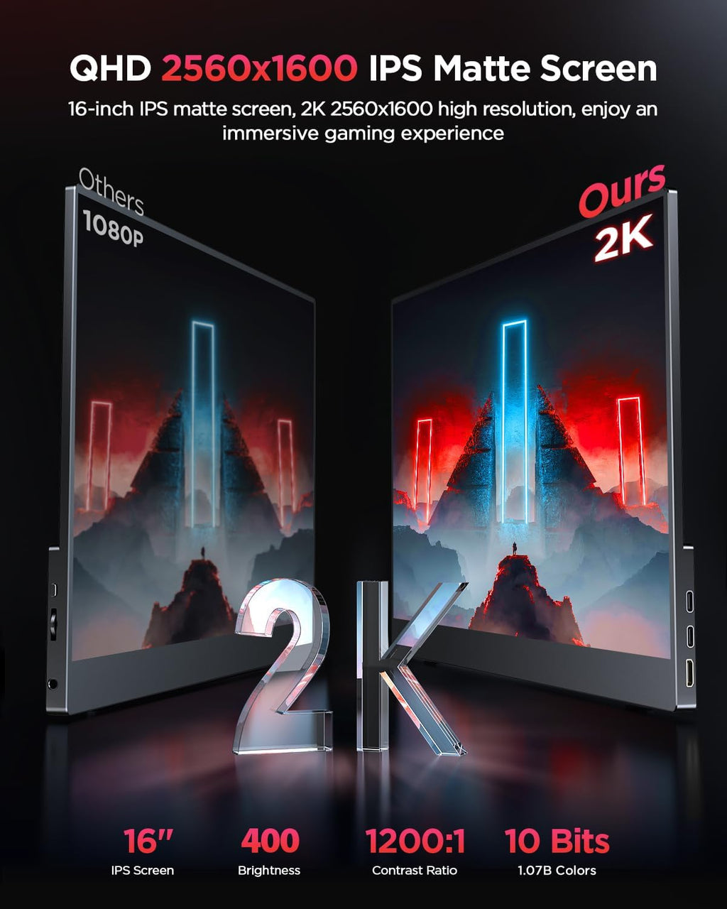 UPERFECT 2K 120Hz Portable Gaming Monitor, 16' 2560x1600 QHD 16:10 400 Nits Portable Monitor for Laptop w/VESA & Cover HDR Eye Care External Second Screen for PC Phone Game Console