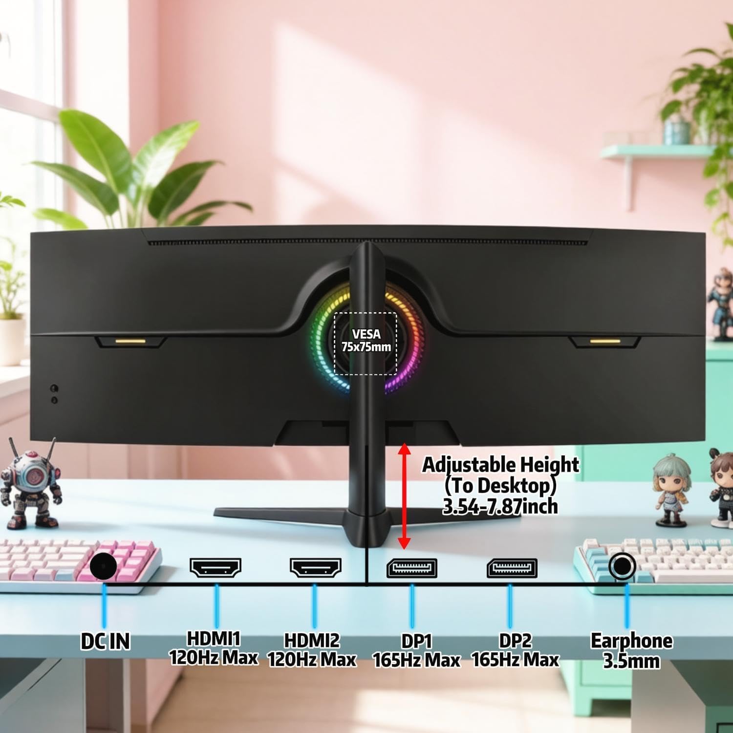 ZZA 49-Inch Ultra-Wide DQHD Curved Gaming Monitor | 5120x1440, 1500R, 165Hz, AMD FreeSync, 120% sRGB, Height Adjustable, HDMI 2.1/DP 1.4 Wall Mountable- Black