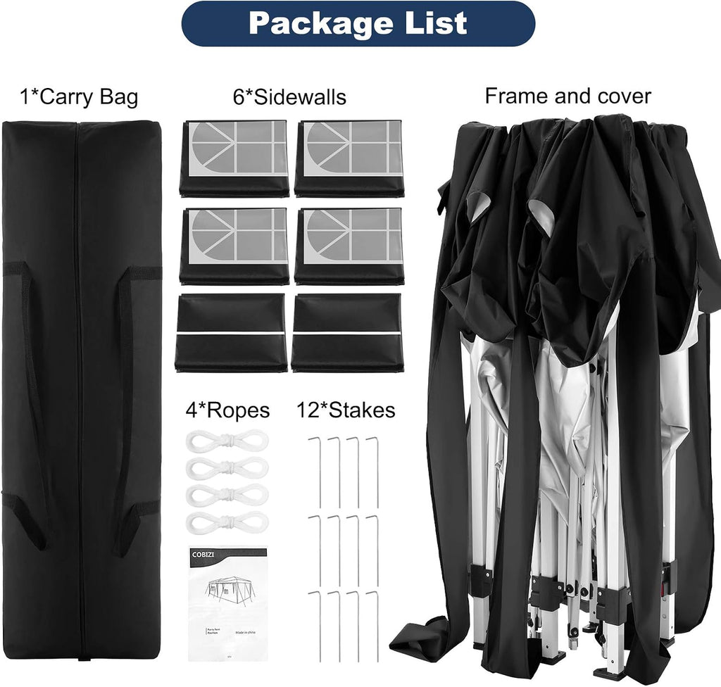 COBIZI 10x19ft Pop Up Canopy, Fully Waterproof Canopy Tent, 10x20 Canopy with Sidewalls, Black