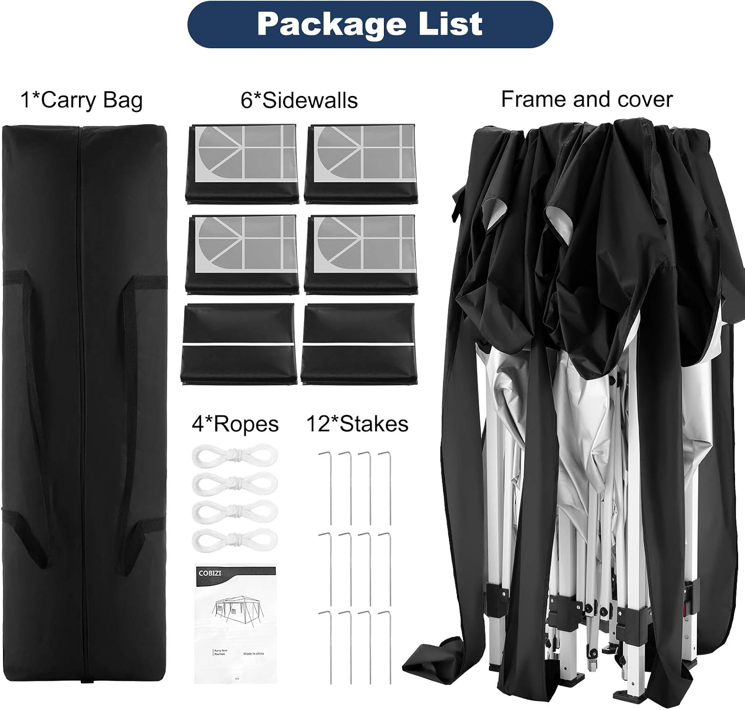 COBIZI 10x19ft Pop Up Canopy, Fully Waterproof Canopy Tent, 10x20 Canopy with Sidewalls, Black