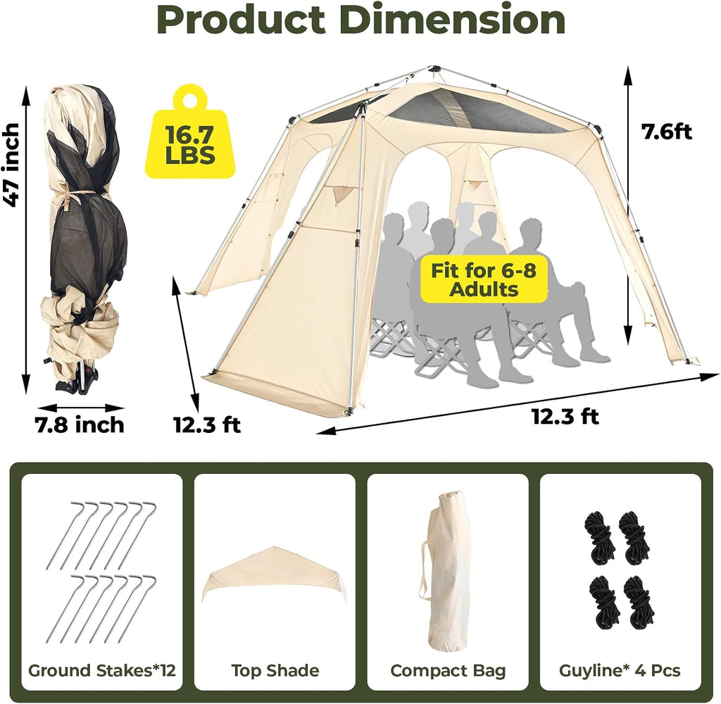 Alvantor® 12' x 12' Pop Up Gazebo, Canopy Tent All Weather & 4-Season Use, 4-Door PVC/Mesh/Polyester Curtain Addable, Top Mesh & Cover Portable Pergolas Pavilion for Patio, Backyard, Deck