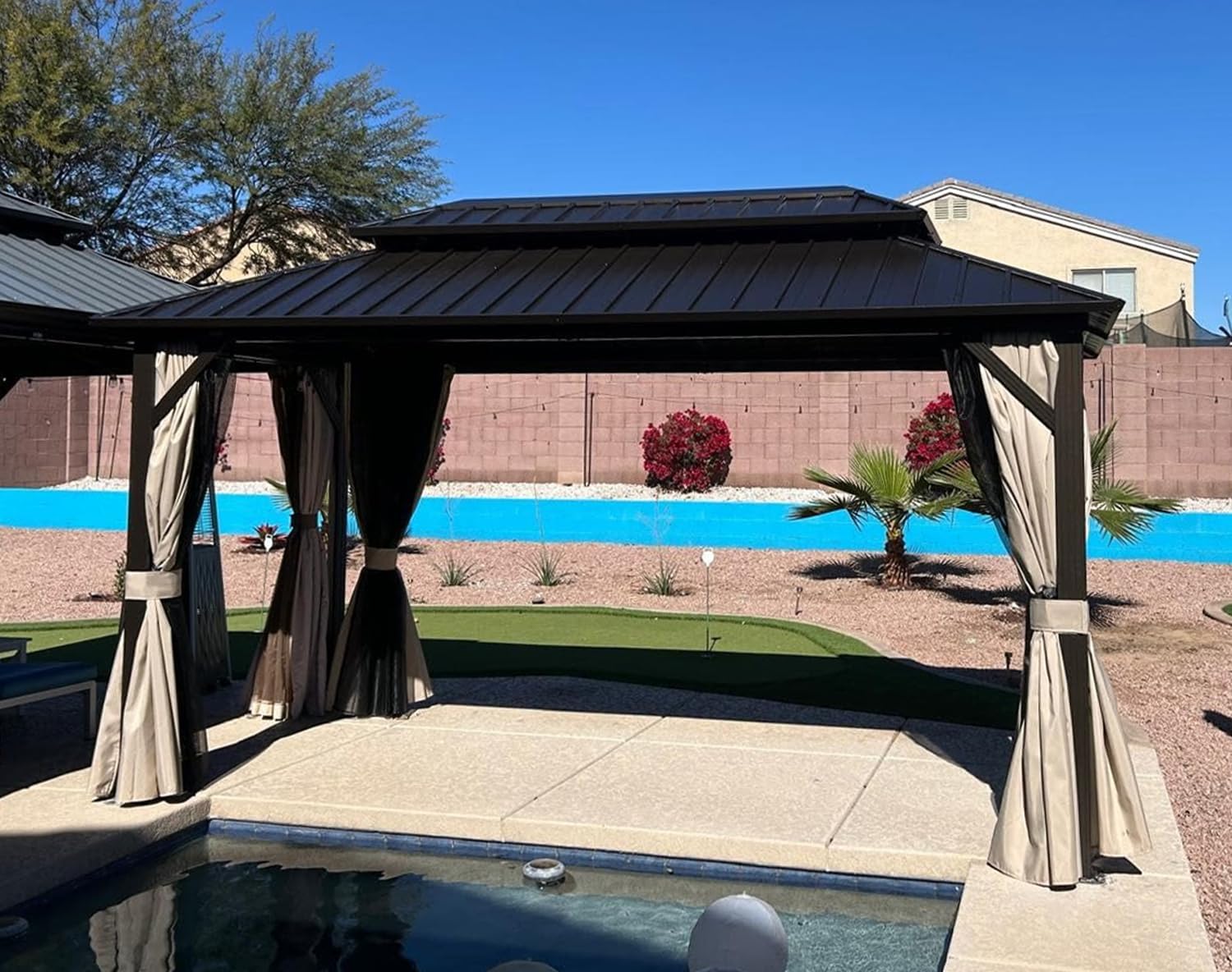 PURPLE LEAF 8' X 14' Outdoor Hardtop Gazebo Metal Frame Galvanized Steel Double Roof with Curtains and Nettings for Patio Desk Backyard Bronze