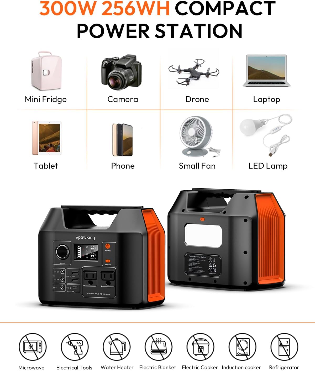 Solar Powered Generator, 300W Portable Power Station with Solar Panel 40W Included, 110V Pure Sine Wave 256Wh LiFePO4 Battery Pack with AC Outlet for Camping, Home Emergency, Traveling, RV Trip