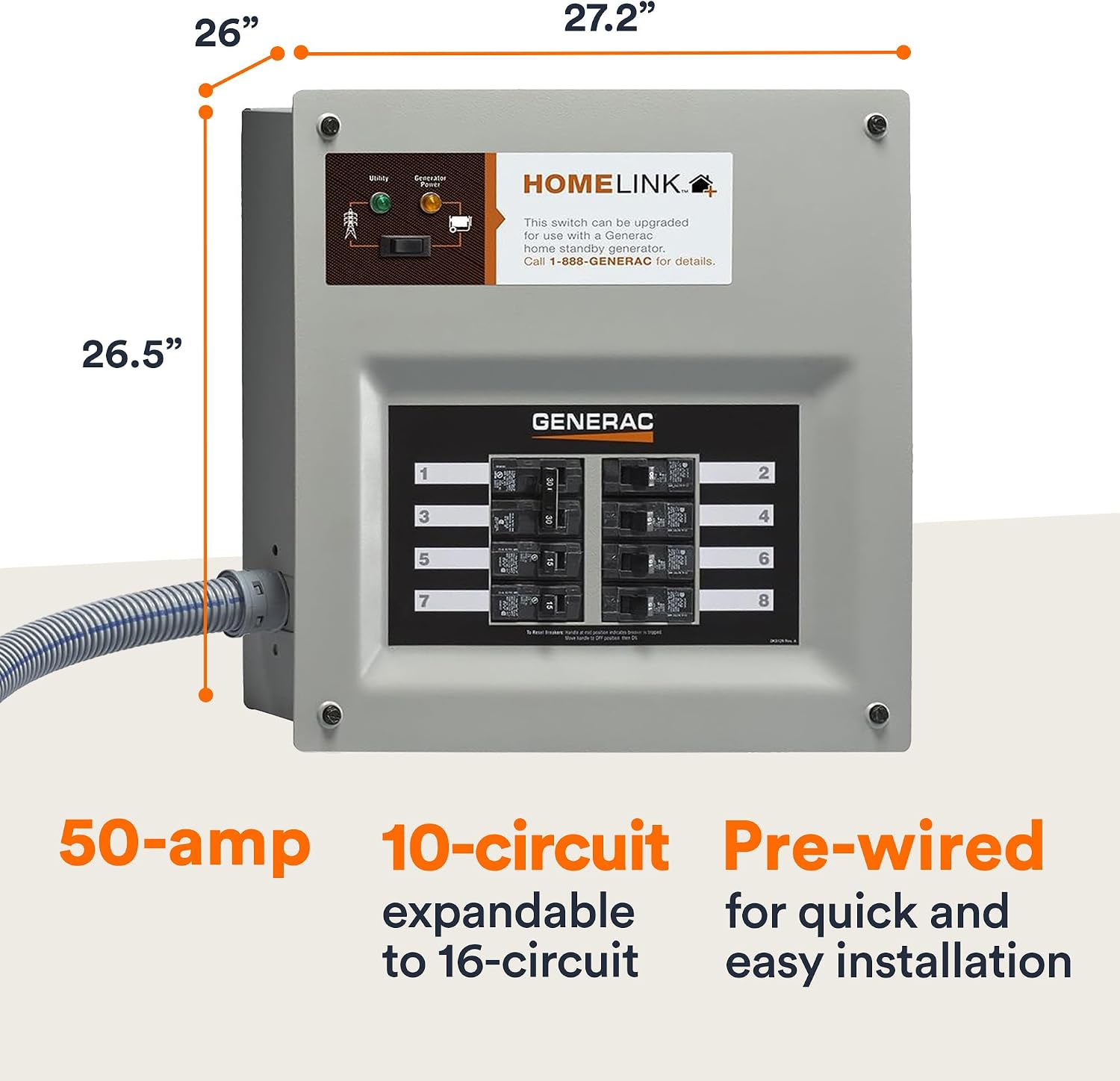 Generac HomeLink 50-Amp Portable Generator Transfer Switch Kit, Upgradeable Manual Transfer Switch, Indoor Pre-Wired Panel, 8-16 Circuits